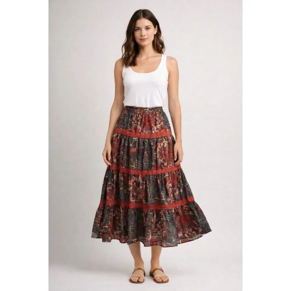 Mix Nouveau Boho Tiered Cotton Skirt Womens 12 Festival Cottagecore